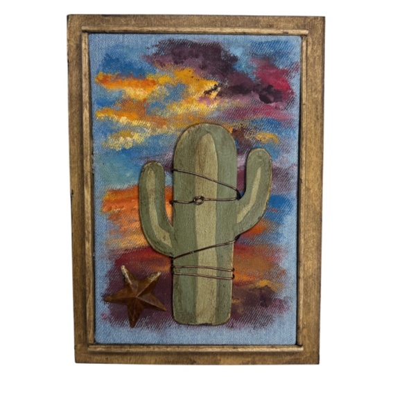 Mixed Media Wall Art Saguaro Cactus Scene Sunset Stars Desert Southwest 6 x 8 - Picture 5 of 5